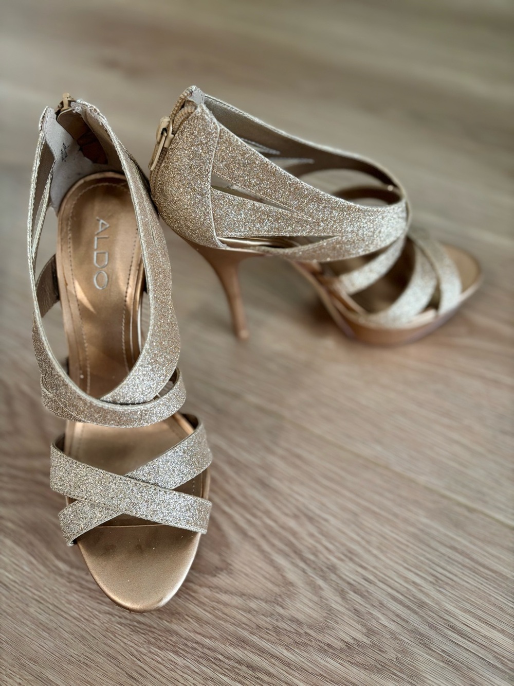 ALDO Gold Glitter Strappy Stiletto Heels